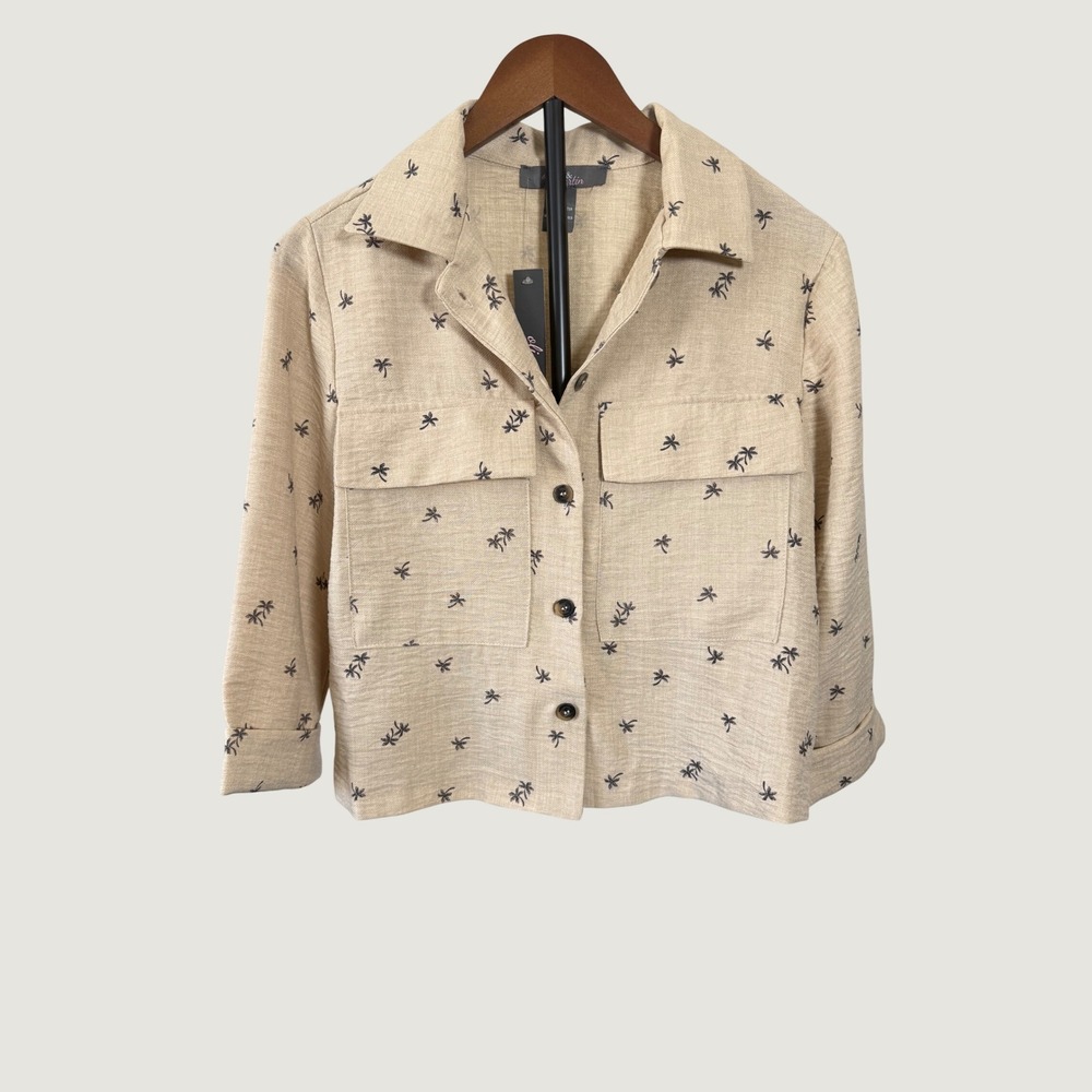 Olivia & Martin Palm Tree Print Button Down Shirt Tan Beige Medium